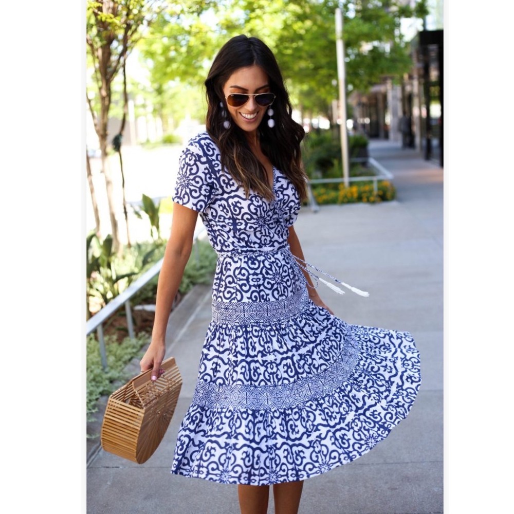 Roberta Roller Rabbit Blue White Block Print Wrap Midi Dress Tassel Tie Womens M